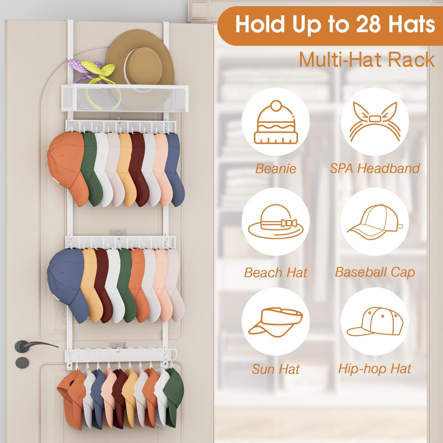 3 Tier Over The Door Hat Organizer with Basket,White | 18 hooks & 10 adjustable clips|Holds over 30 baseball caps|Space-saving over-door design|Ideal for closet & bedroom storage