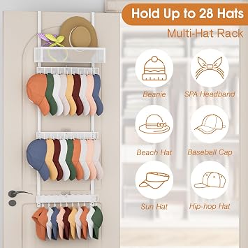 3 Tier Over Door Hat Rack with Basket - Hat Organizer Holder for Baseball Cap with 18 Hooks and 10 Movable Clips,Hat Hanger Storage Holds up to 28+ Caps for Door, Bedroom, Closet (White)