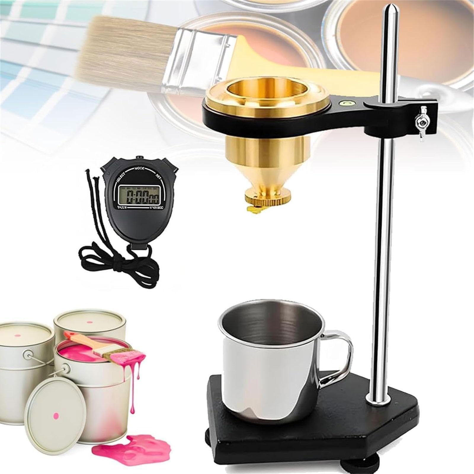 Viscosímetro profesional de escritorio con soporte ajustable y cronómetro para una medición precisa de revestimientos, tintes y pinturas a base de agua
