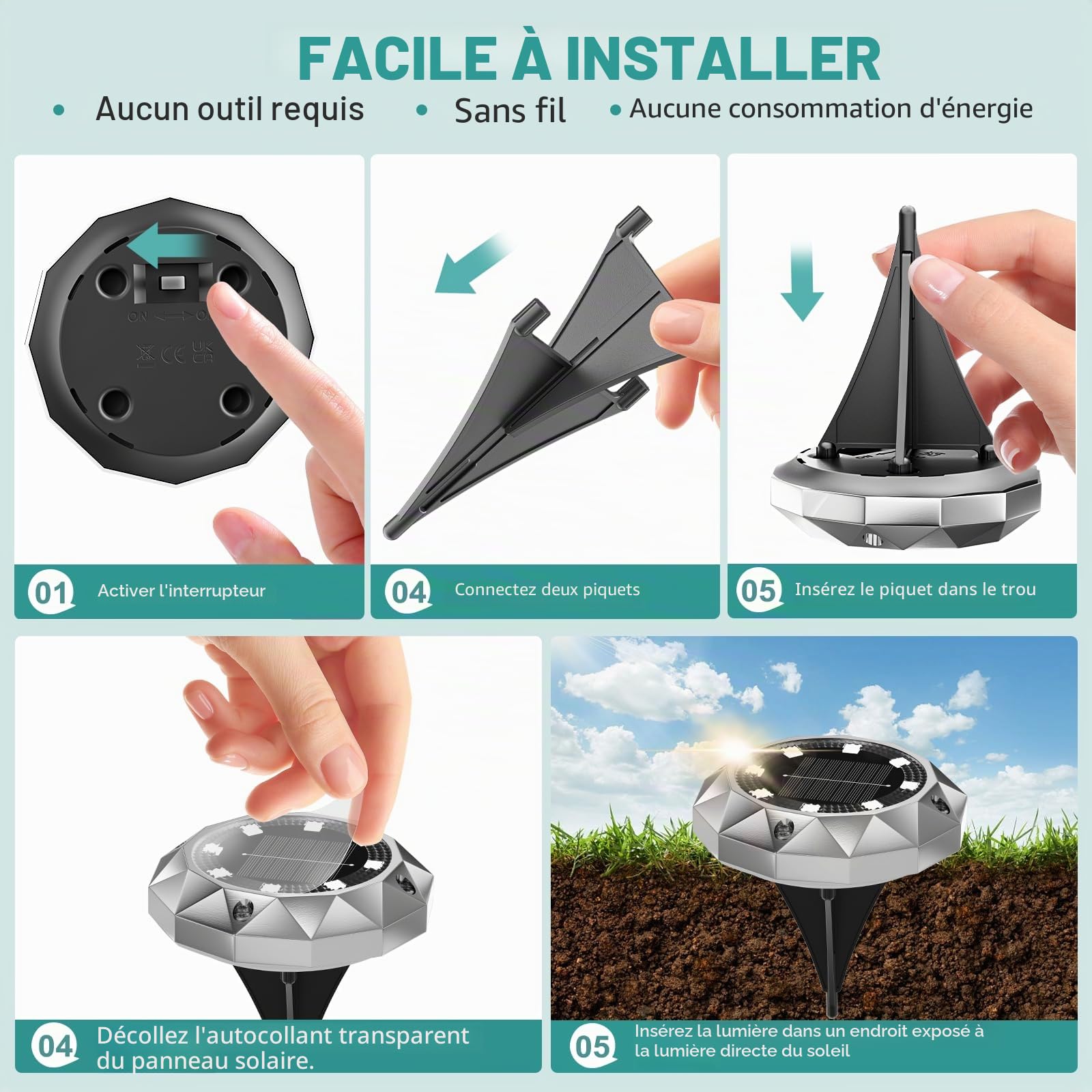FIFlying Lot de 10 Lampe Solaire Au Sol Jardin, 8 LED Lumiere Solaire Exterieur Étanche IP65, Spot Solaire Extérieur Encastrables pour Chemins Pelouse Cour Jardin Chemin Piscine Allée, Blanc Froid