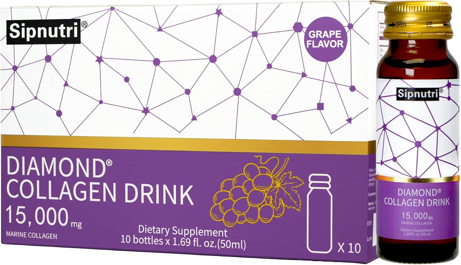 Diamond Collagen Drink -15,000mg Marine Collagen Peptides Liquid Shots for Women & Men, Hydrolyzed with Vitamin C & Pomegranate, Grape Flavor, Supports Skin, Hair, Nail Health -1.69 fl oz x10