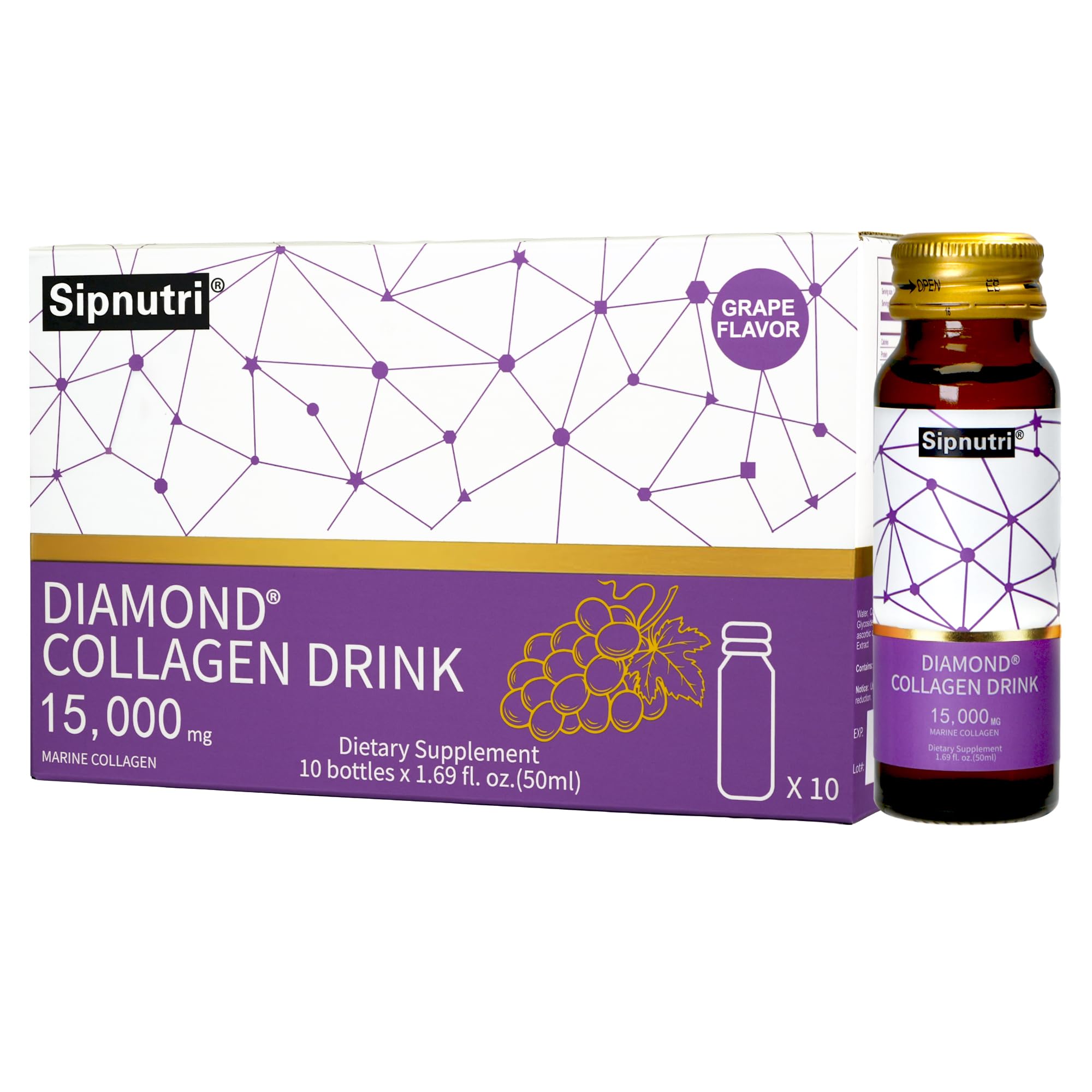 Sipnutri 15,000mg Marine Collagen Peptides Liquid -Grape Flavor -10 Bottles | Hydrolyzed…
