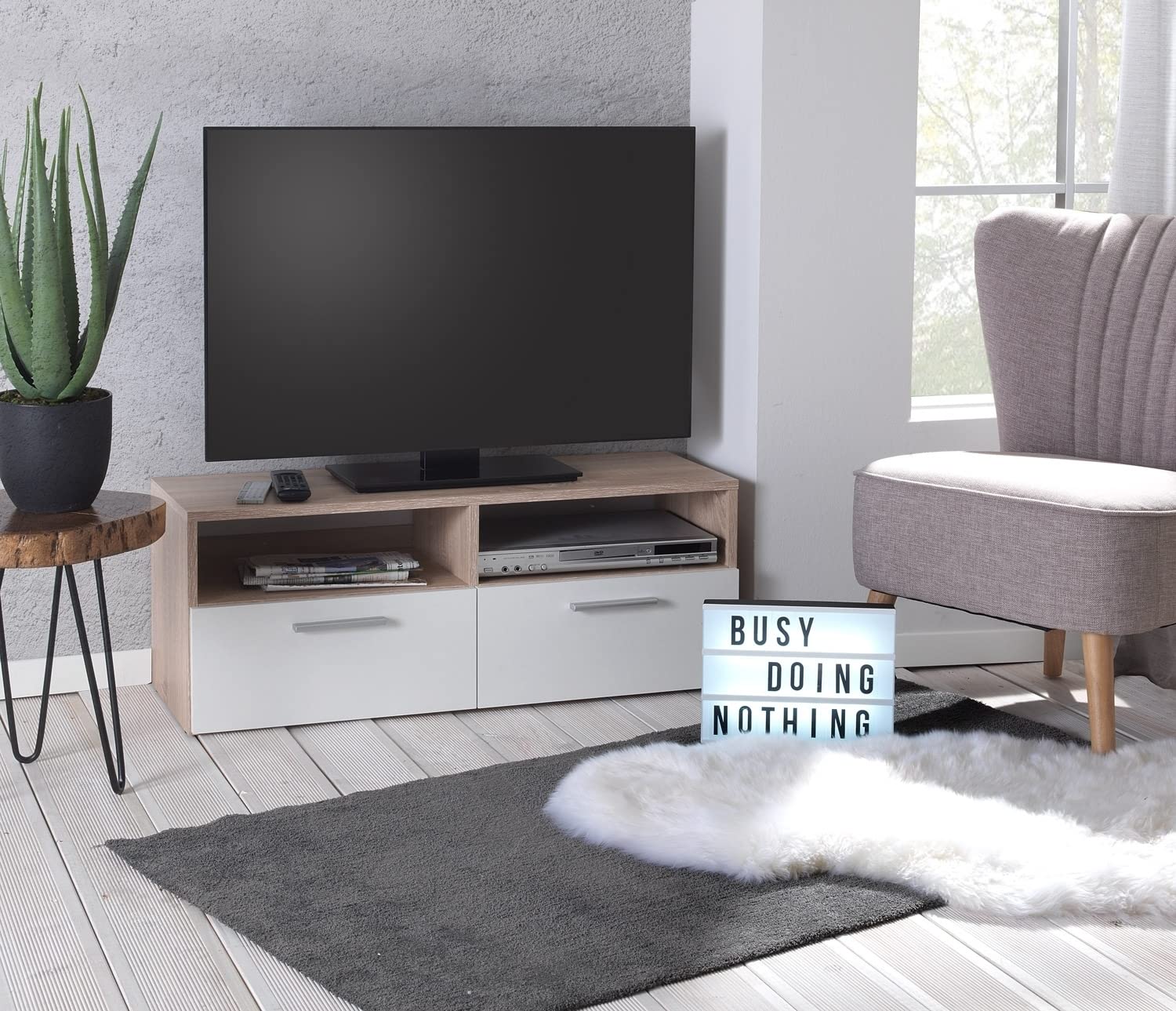 TV Lowboard Fernsehschrank Fernsehtisch Board Bank Rack | Dekor | Braun | Weiß | Holzoptik | Eiche Sonoma | 2 Fächer | 2 Klappen | BxHxT: 95x35x36 cm