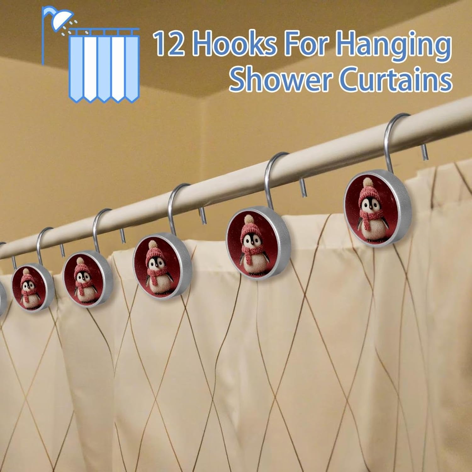 Set of 12 Christmas Penguin Pink Shower Curtain Hooks, Stainless Steel Shower Hangers for Bathroom, Rustproof Decorative Shower Rings for Bedroom Living Room Shower Curtain Rod