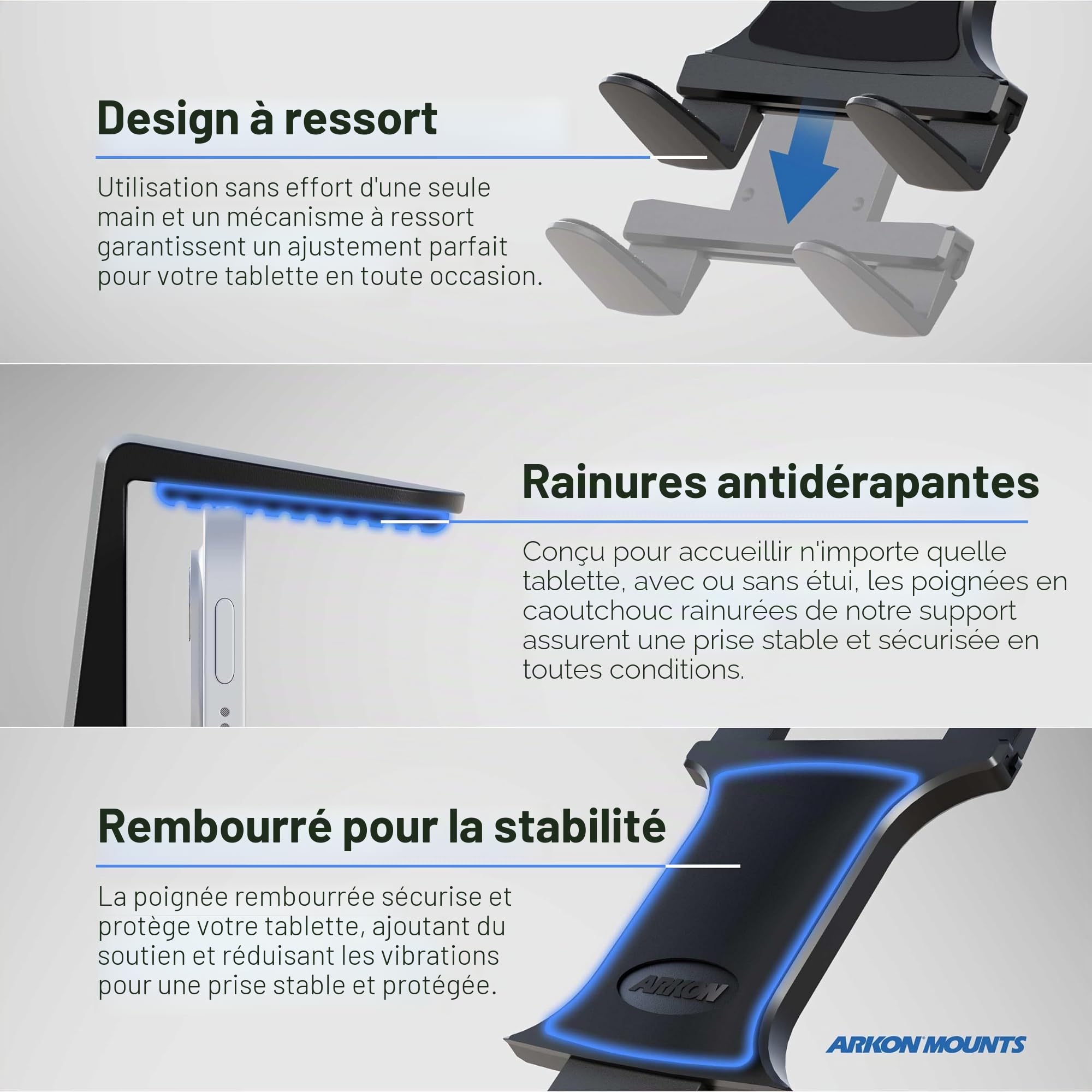 ARKON Supports – Support Robuste pour Tablette avec poignée sécurisée, compatibilité Polyvalente, durabilité de qualité Professionnelle, Installation Facile, Support Robuste pour Tablette | Convient