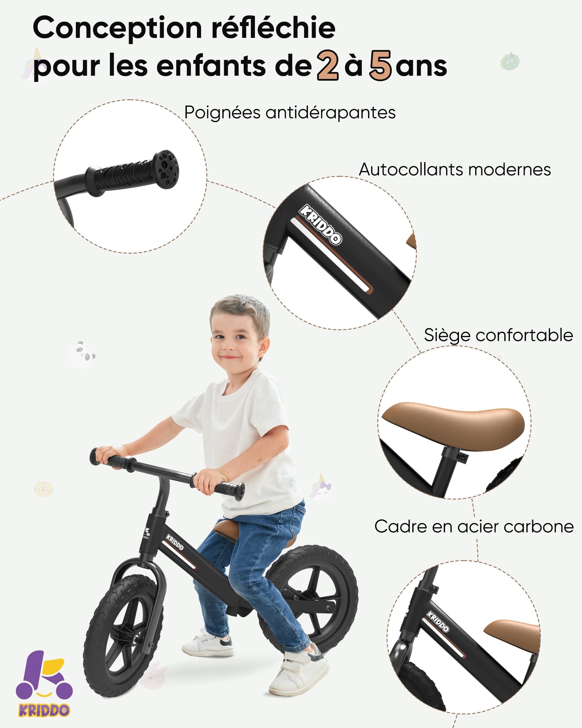 KRIDDO Vélo d'équilibre pour Enfant de 2 à 5 Ans, Double roulement pour Une Conduite Plus Fluide, Plaque Adorable, siège et Guidon réglables, Cadeaux pour Tout-Petits de 2 à 3 Ans