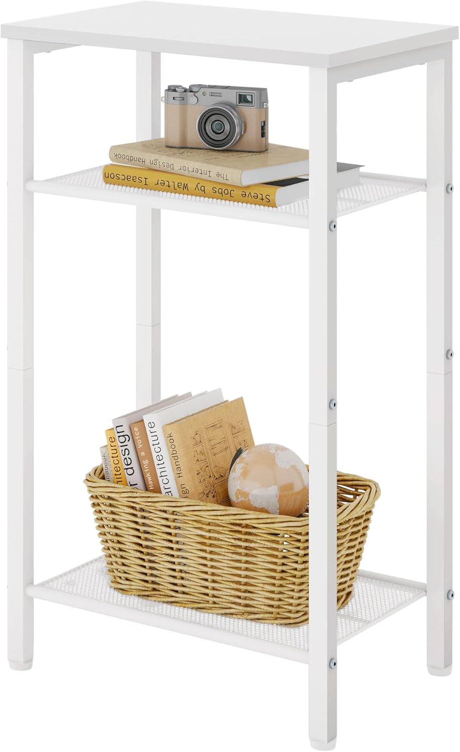 Hoctieon 3 Tier End Table, Telephone Table, Narrow Side Table with Storage, Nightstand for Small Spaces, Metal Frame, for Living Room, Bedroom, Sofa Couch, Hall, Easy Assembly, White White 1 Pack