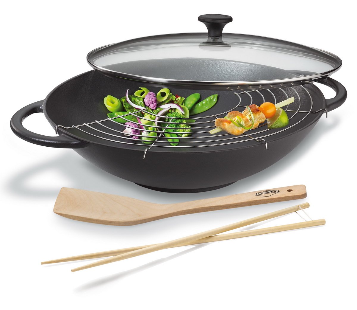 Küchenprofi Wok, Glas, Schwarz, 45,5 x 36 x 9,5 cm, 04 1500 10 37 | Inklusive Abtropfgitter, Wender und Chopsticks – induktionsgeeignet, vielseitig einsetzbar und pflegeleicht