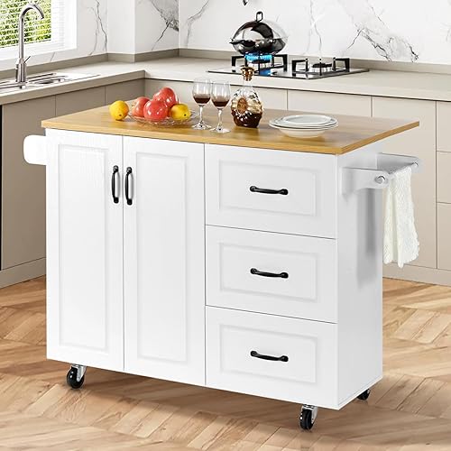 Miniatura 5 de 4 EVER WINNER Isla de cocina con hojas caídas y 3 cajones, isla de cocina grande de 51 pulgadas con almacenamiento, estante de especias y toallero,