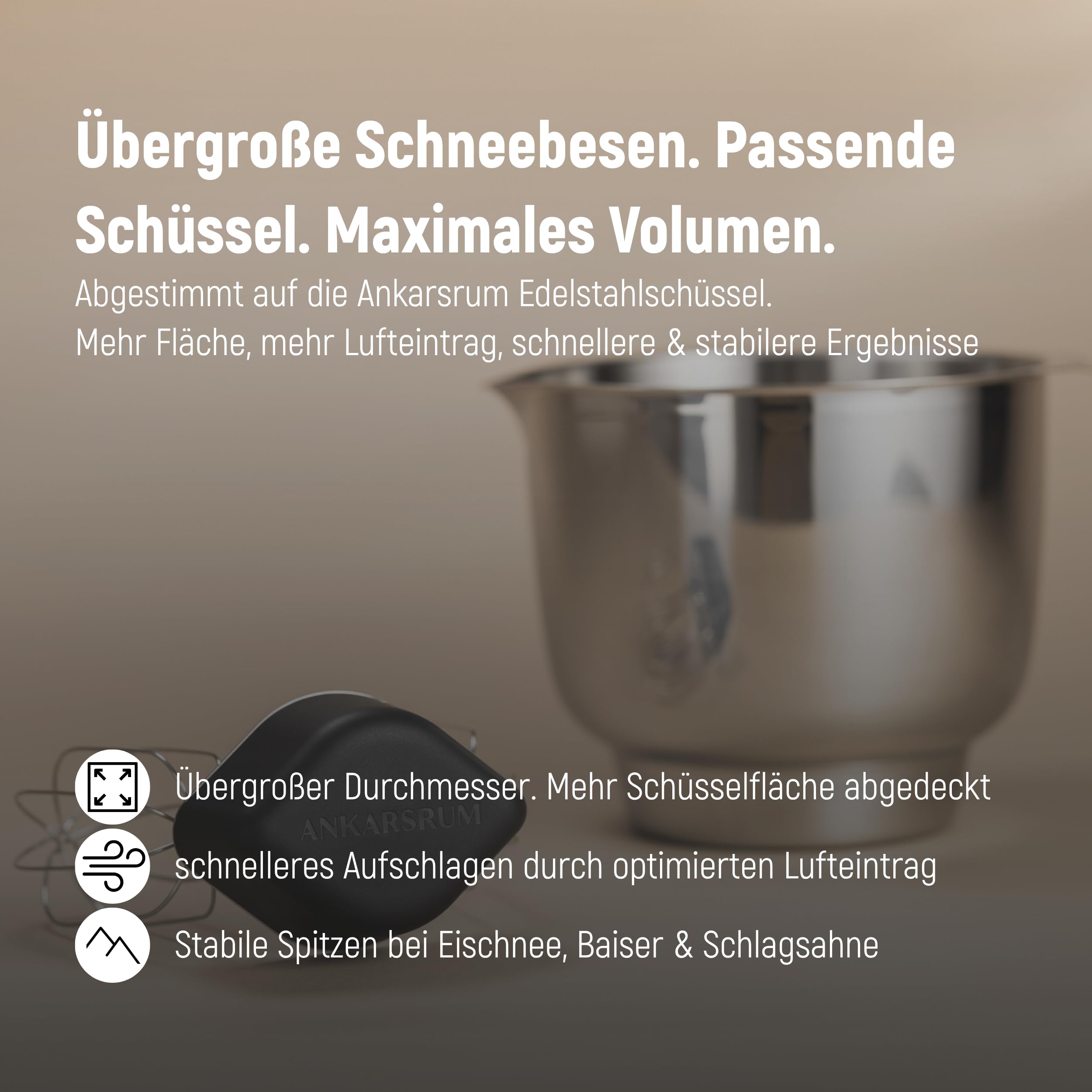 Ankarsrum Premium Rührbesen-Set mit 3,5 l Edelstahlschüssel | Schneebesen & Flachrührer aus Edelstahl, für Sahne, Eischnee, Baiser, Keksteig & Buttercreme, made in Sweden