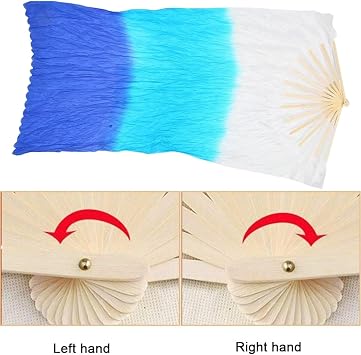 Belly Dance Faux Silk Veil Fans, 1 Pair (Left+Right) Faux Silk Bamboo Long Fans Veils, 1.5M Handmade Belly Dance Dancing Silk Fans, Dance Performance (Blue)