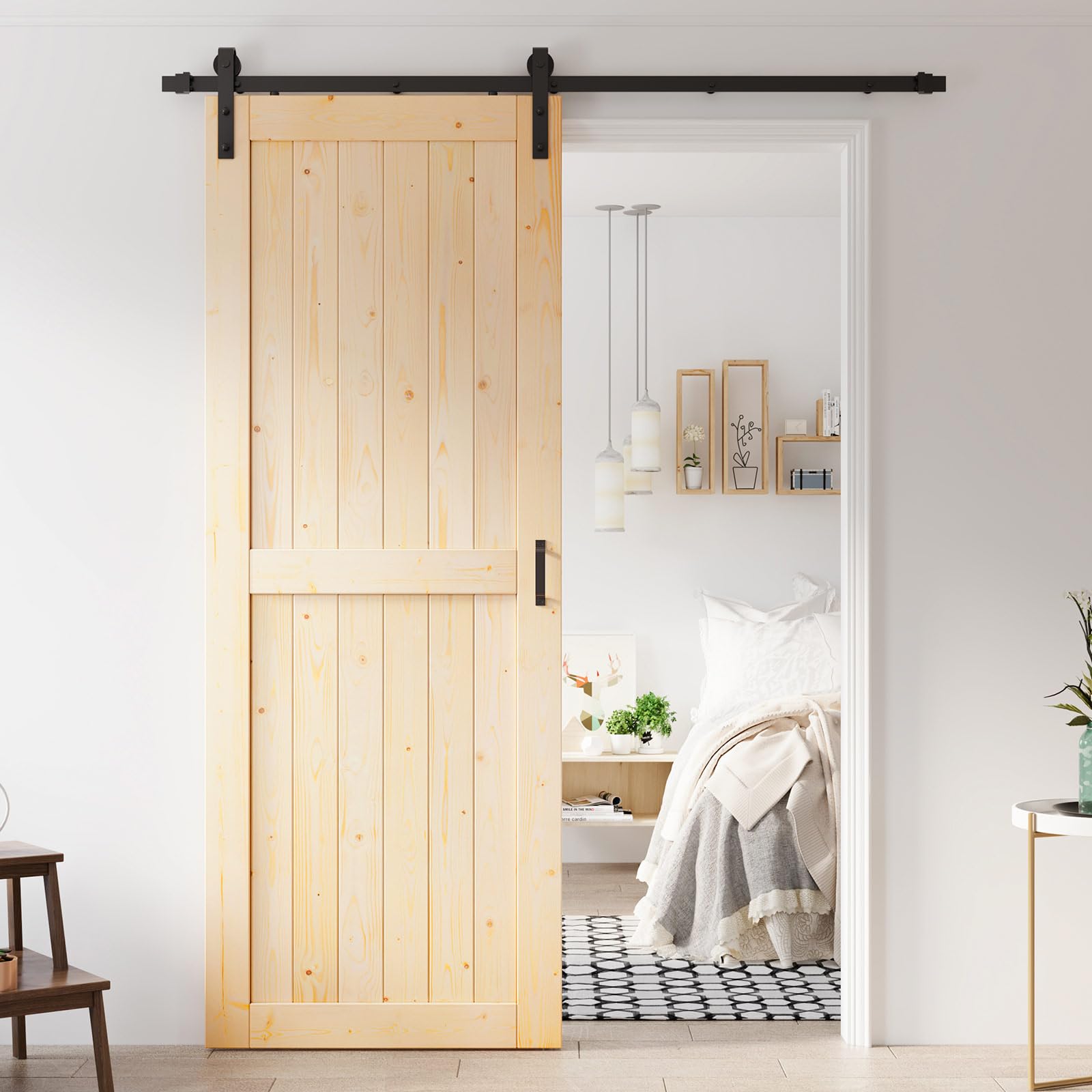 36x96 inch sliding barn wood door slab with 6.6ft hardware kit, requires simple diy assembly