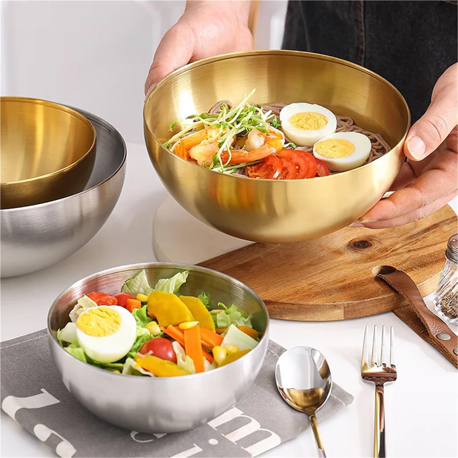 Cuenco de acero inoxidable Ensaladera De Acero Inoxidable 15 Cm, 20, 24 Y 28, Cuenco Multifuncional For Fideos, Redondo Dorado Plateado(Gold 28cm)