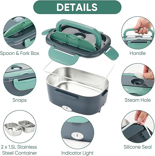 Miniatura 4 de Fiambrera térmica de 80 W más rápida para adultos, lonchera eléctrica para cochecamiónoficina, con recipientes de alimentos dobles de acero