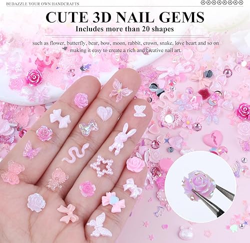 Miniatura 4 de 3D Cute Nail Charms, 100 Pieces Rabbit Butterfly Flower Bow Nail Art Charms Mixed Flatback Nail Rhinestones Pearls and Nail Glitter As Gift, Resin