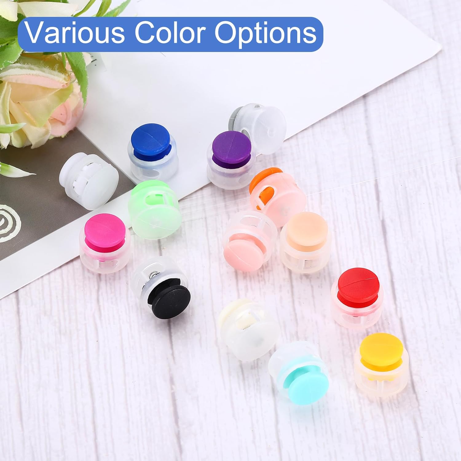 uxcell 25 Pcs Assorted Colors Plastic Spring Cord Lock, Double-Hole Slider Toggles Clip End Stopper Round Fastener for Drawstrings Paracord Backpack Shoelace, Transparent + White - Image 4