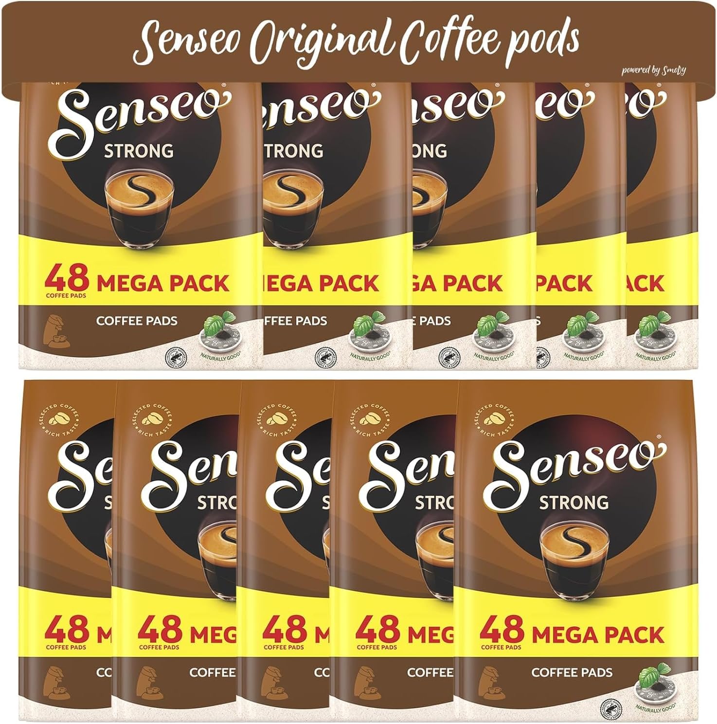 Strong Dark Roast Coffee Pods, 48 Count (Pack of 10) - Single Serve Coffee Pods Bulk Pack for Senseo Coffee Machine - Compostable Coffee Pods for Hot or Iced Coffee, Cold Brew Coffee