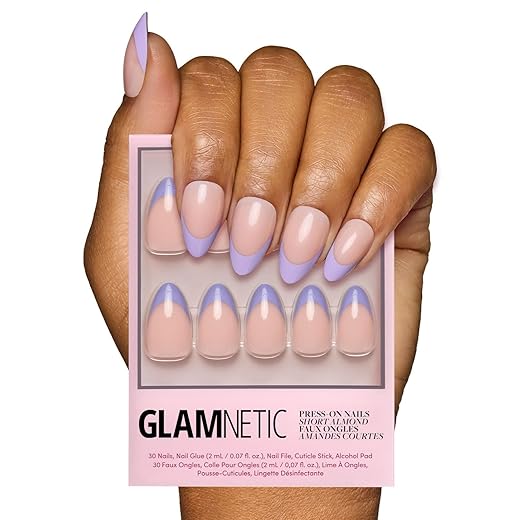 Glamnetic Press On Nails - French Lilac | Short Almond Fake Nails with Purple French Tips and a Glossy Finish, Salon Quality | 15 Sizes - 30 Nail Kit with Glue