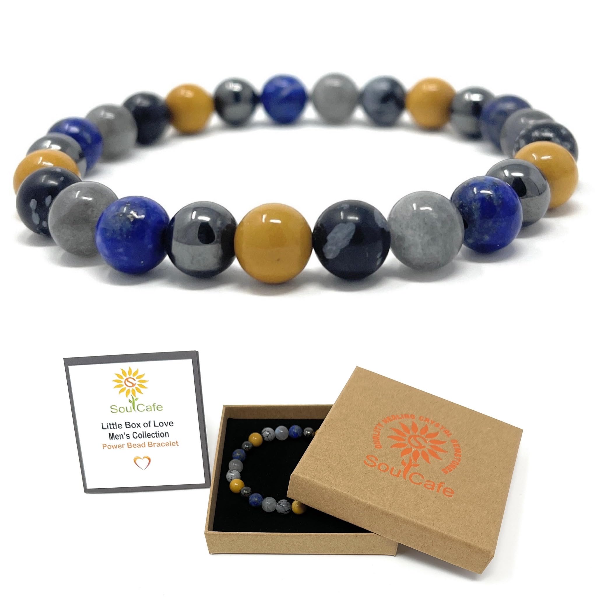 SoulCafe Men's Crystal Bead Bracelet - Labradorite, Lapis Lazuli, Snowflake Obsidian, Yellow Mookaite, Hematite - Gift Box & Crystal Meaning Card - Crystal Energy - XS/S/M/L/XL