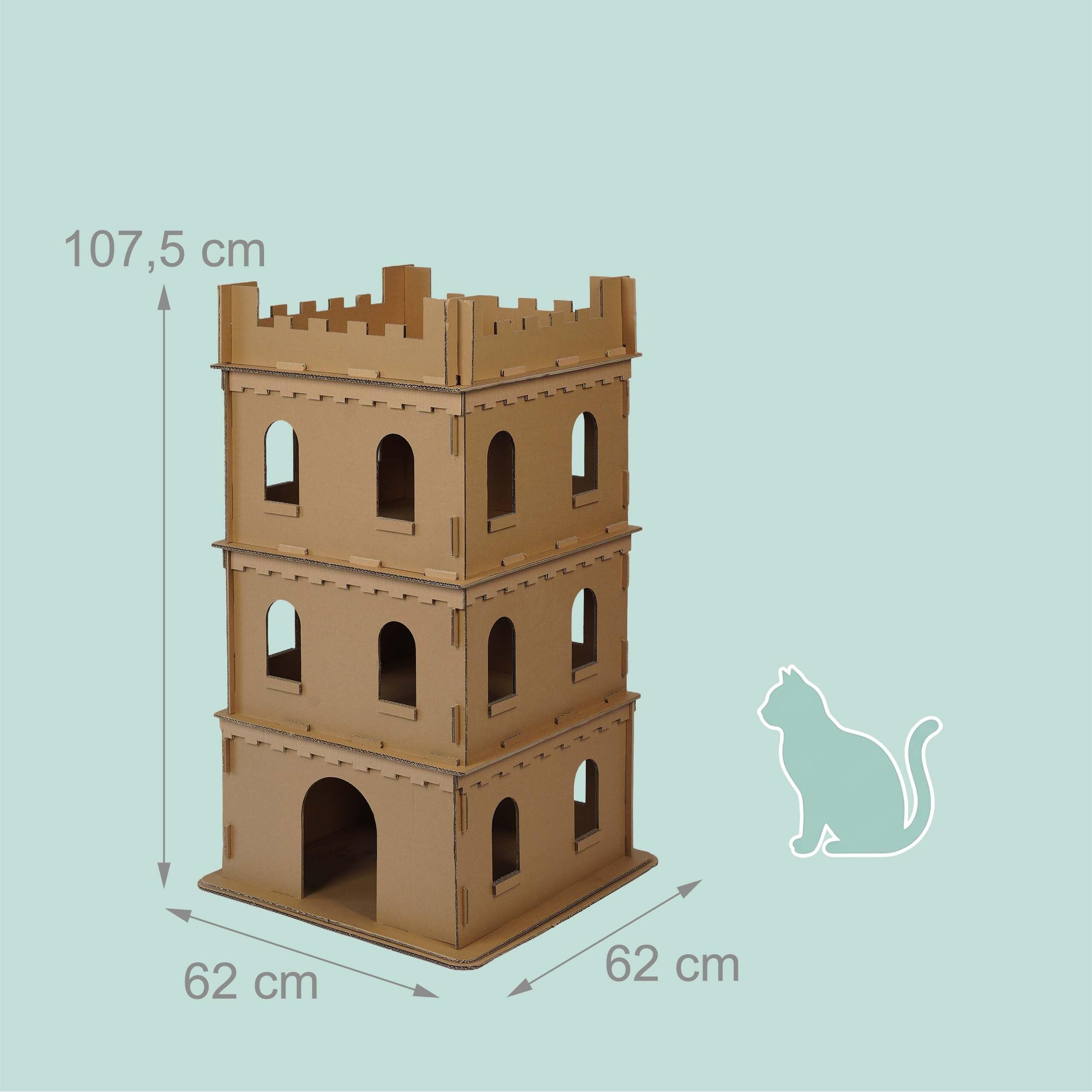 Relaxdays Castillo de Gatos, 3 Pisos, Cerradura para Gatos, casa de cartón para Pintar, Sistema de Ranuras, Altura 107,5 x 62 x 62 cm, cartón, marrón