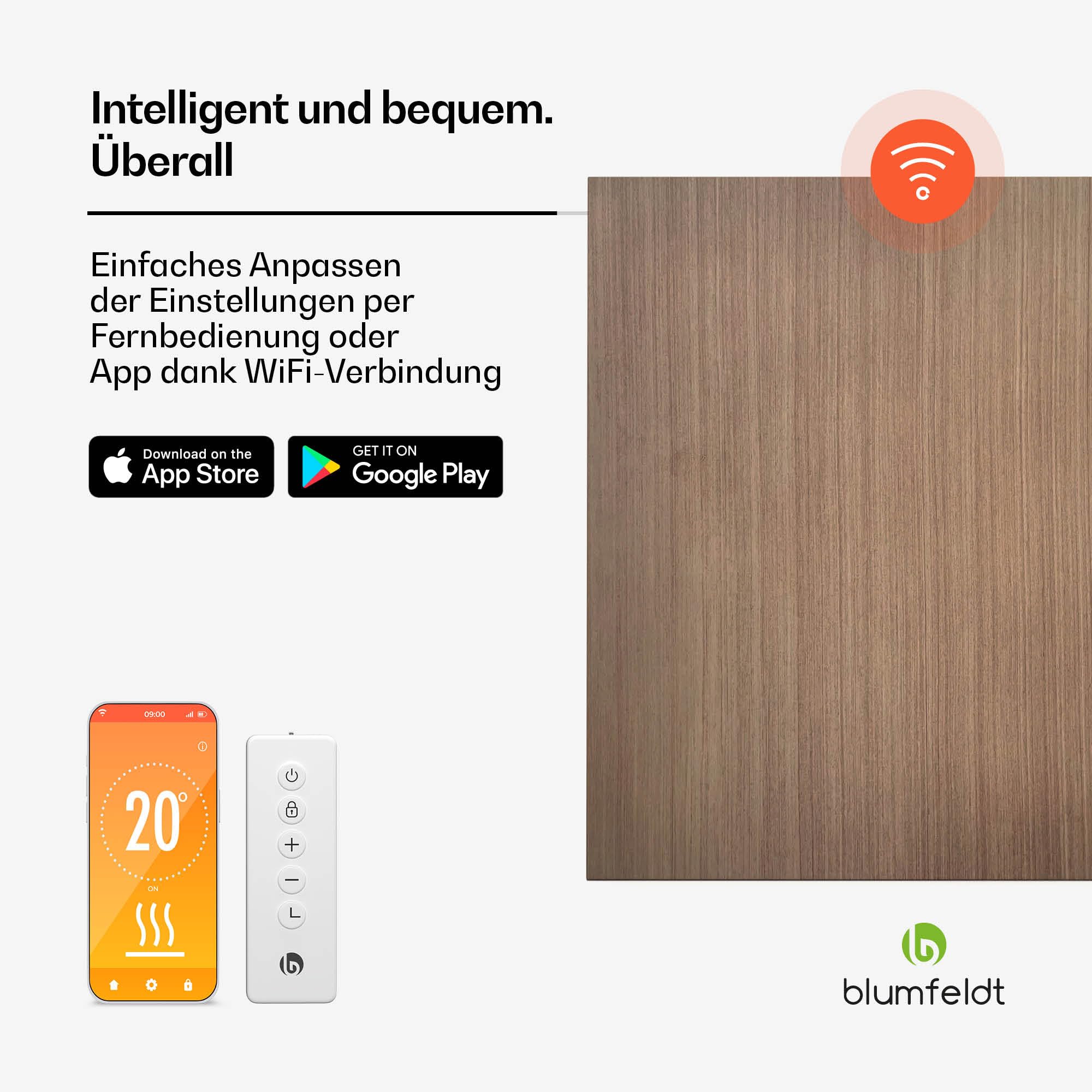 Blumfeldt Infrarot Wandheizung 350W – IP44, WLAN- & App-Steuerung, Thermostat, Überhitzungsschutz, Infrarotheizung für Bad & Wohnzimmer, Energieeffizient, Wandmontage, Holz Design