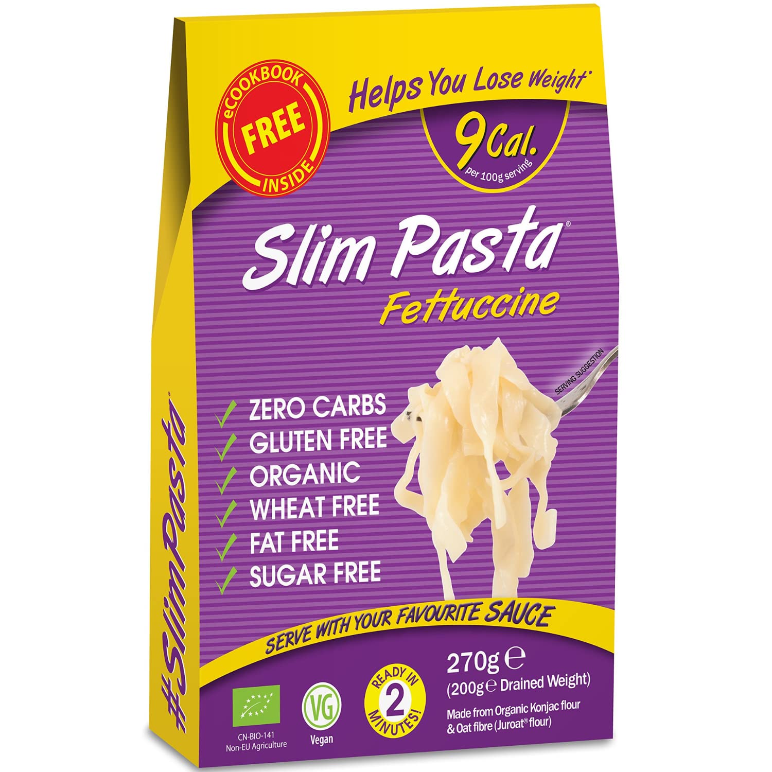 Slim Pasta - Fettucines de Konjac - 270 g - Sin Calorías ni Carbohidratos - Ideal para Dietas Keto y Low Carb - Aptos para Veganos - Elaborados con Agua Purificada, Fibra de Avena y Harina de Konjac