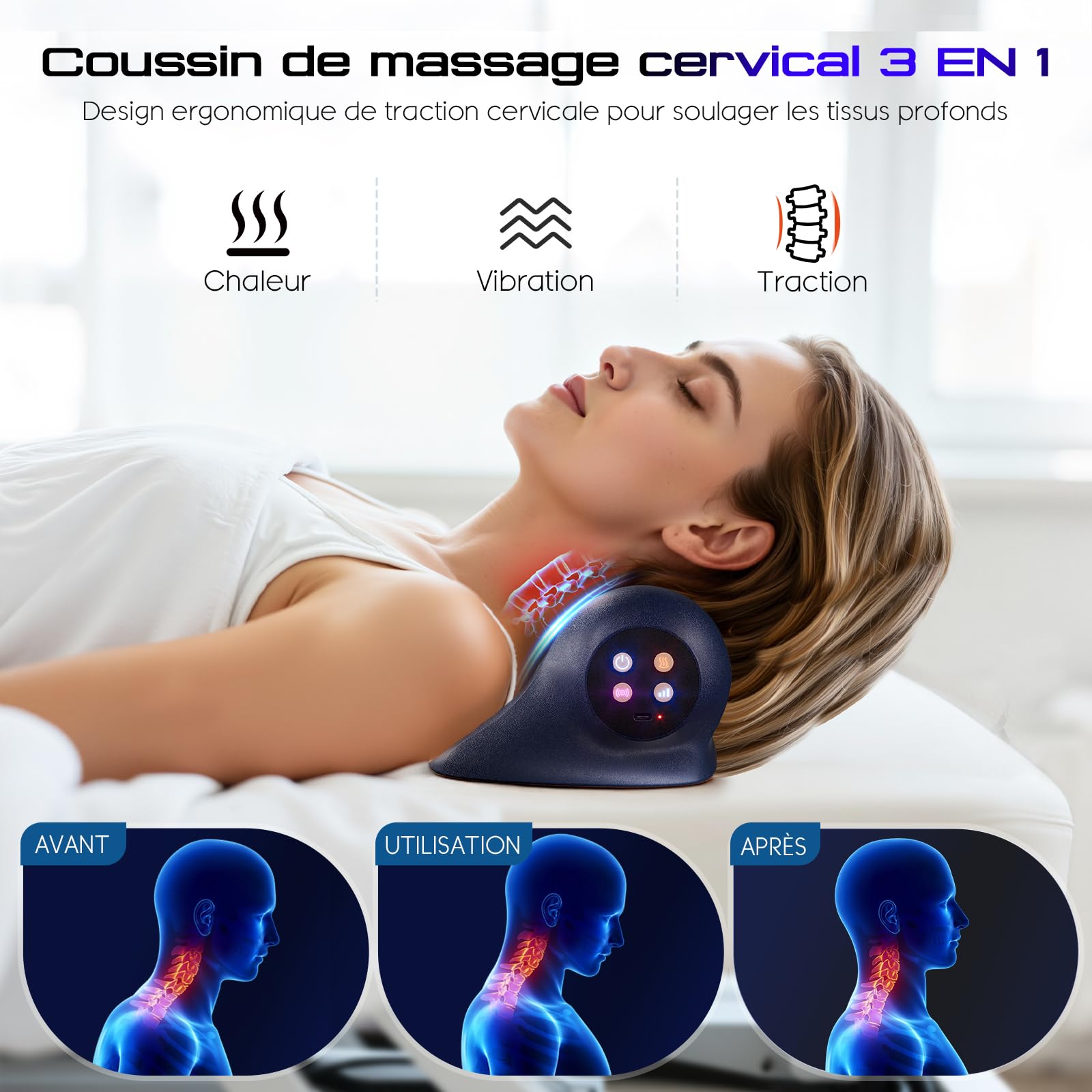 SteBeauty Masseur Cervical avec Chaleur 3 Températures (41-45°C), 3 Modes Vibration Sans Fil Forme Ergonomique en U Soulage Douleurs Cervicales, Épaules et Dos Cadeau Homme Femme