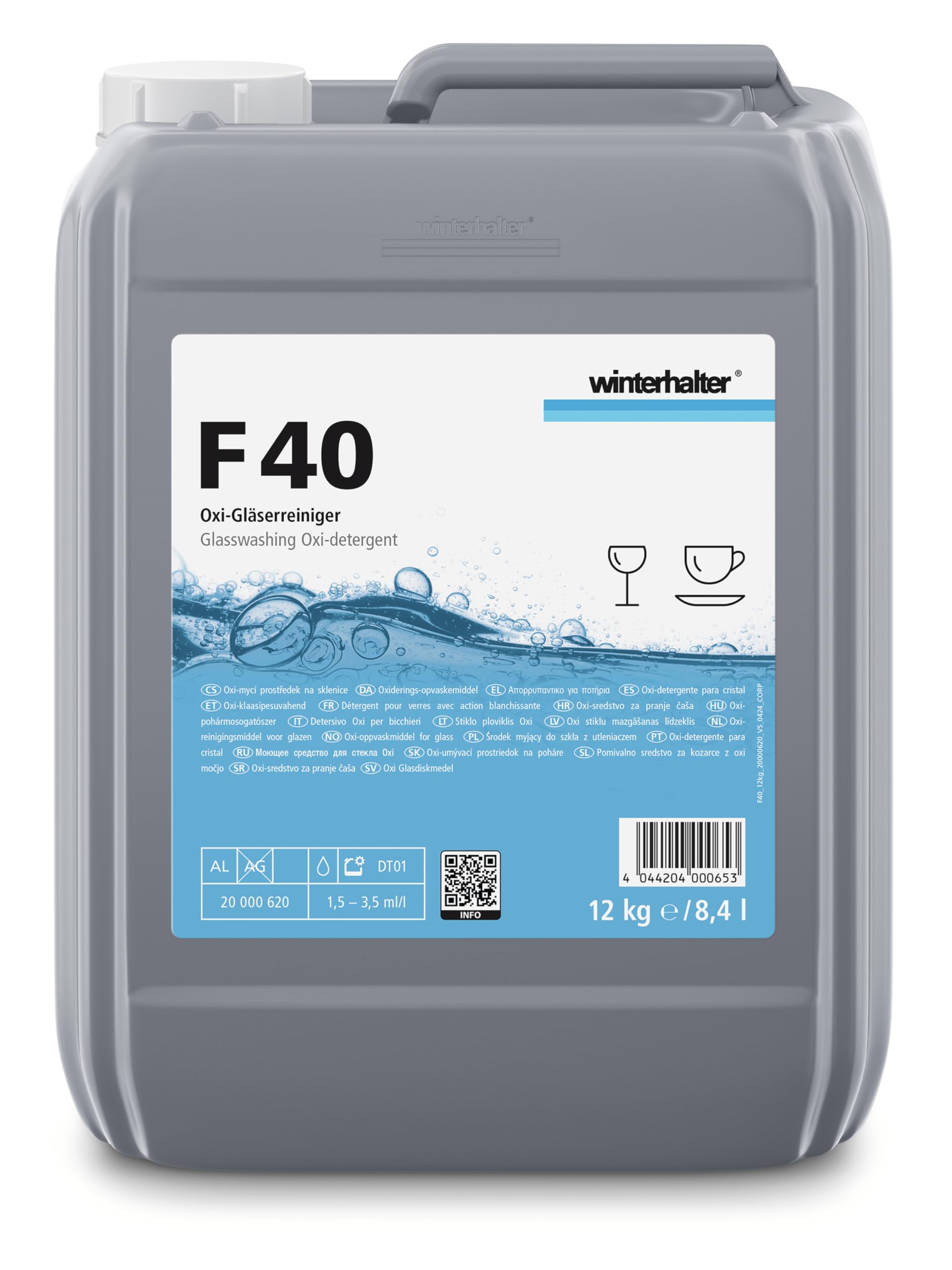 Winterhalter F 40 Oxi-Gläserreiniger 12 kg / 8,4 L Flüssiger, dekorschonender Reiniger mit geruchsneutralen Inhaltsstoffen für das Entfernen von Kaffee- und Teerückständen