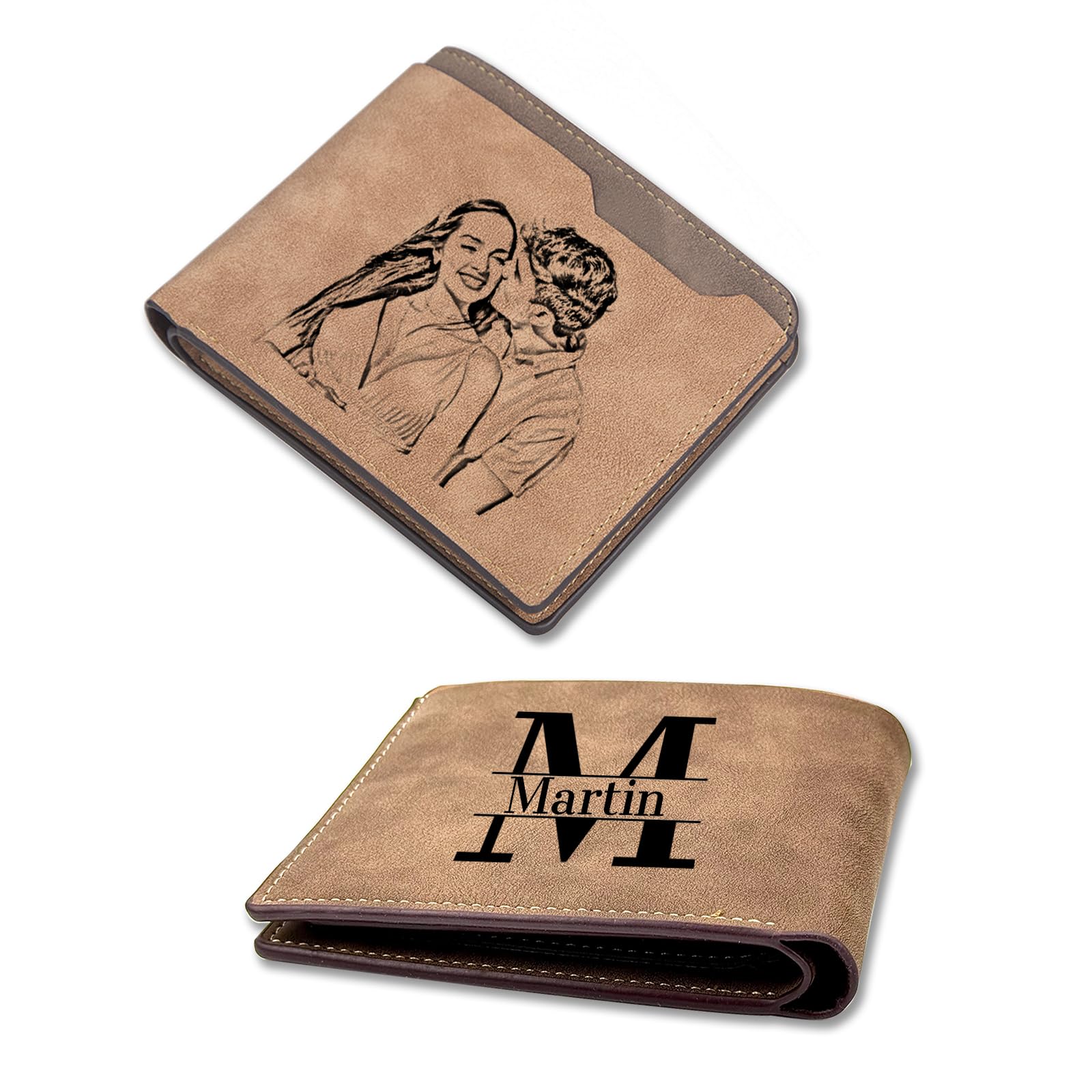 Cupike Custom Wallets for Men, Personalized Minimalist Leather Bifold Wallet Engraved with Name & Photo Initials, Customized Wallet Gifts for Fathers