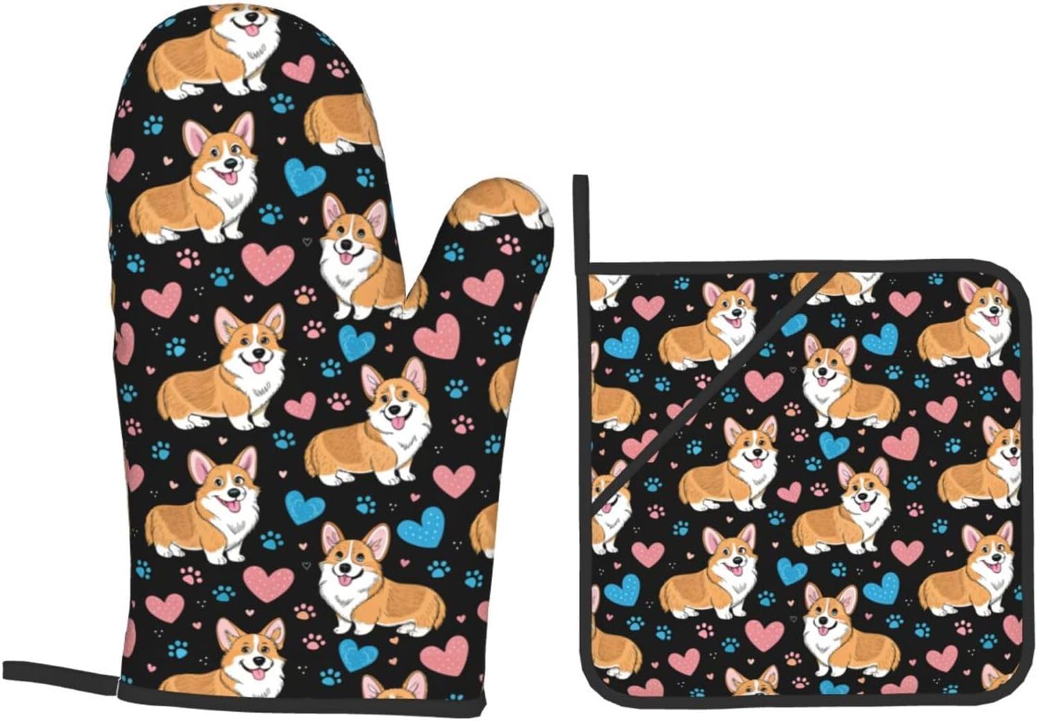 Cute Corgi Dog Oven Mitts and Pot Holders Set of 4, Heat Resistant Non-Slip Kitchen Gloves and Hot Pads for Cooking Baking BBQ