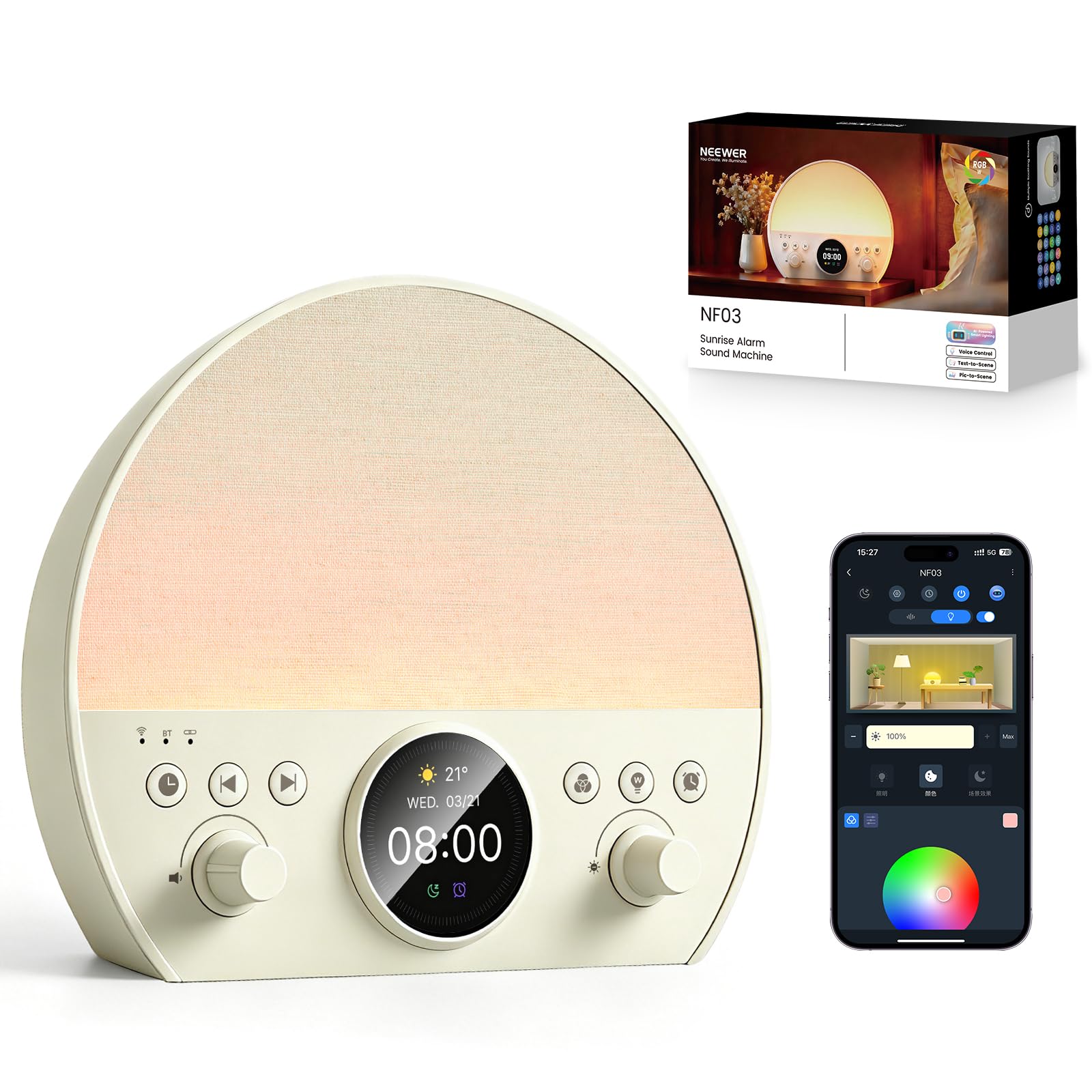 NEEWER NF03 Sunrise Alarm Clock Smart Wake Up Light, AI App Control, Timer