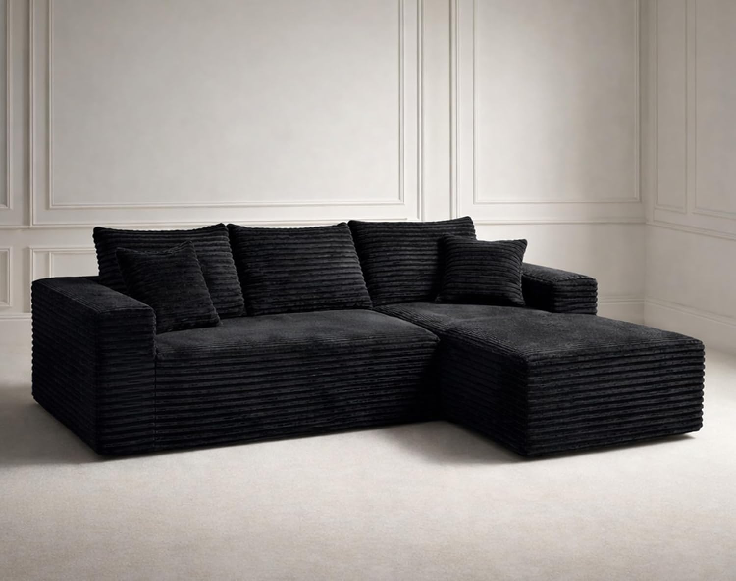 105‘’ Boneless Modular Sectional Sofa, Cloud Couch with Right Facing Chaise, Oversized Deep Seat, L-Shaped, Soft Corduroy Fabric, Sectional Couch for Living Room -Black