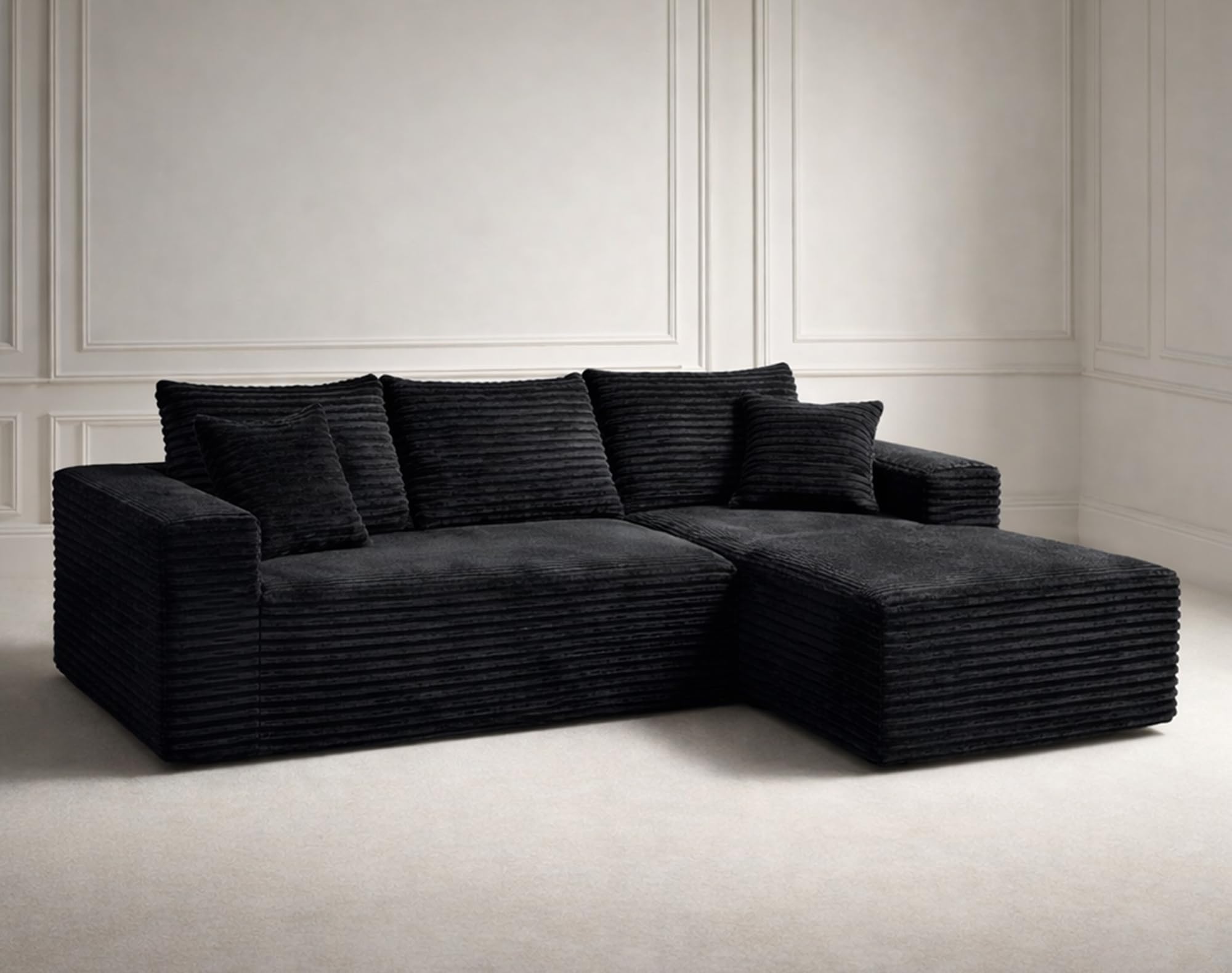 Boneless Modular Sectional Sofa, Cloud Couch with Right Facing Chaise,  Deep Seat, L-Shaped, Soft Corduroy Fabric, Sectional Couch for Living Room -Black