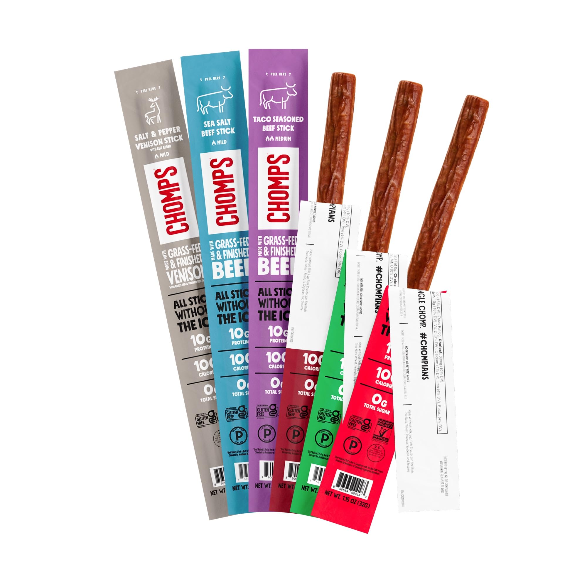 Chomps 6 Flavor Variety Trial Pack - Grass-Fed & Finished Beef and Venison, Keto, Paleo, Low Carb, Whole30 Approved, Gluten Free, Zero Sugar Food