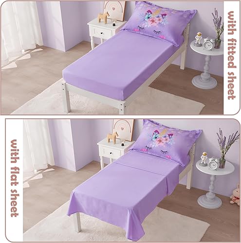 Miniatura 4 de KINBEDY Juego de ropa de cama de 4 piezas con diseño de unicornio y arcoíris para niñas, juego de sábanas para cuna, diseño de estrellas y flores