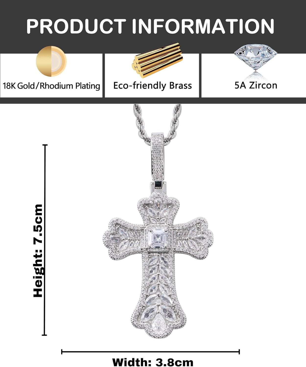 LuxeFlex Gothic Colorful Iced Out Cross Pendant with 20" Stainless Steel Rope Chain, Heavyweight Oversized Design, 14K Gold Plated, 5A CZ Stones, Hip-Hop Religious Jewelry for Men & Women - Image 7