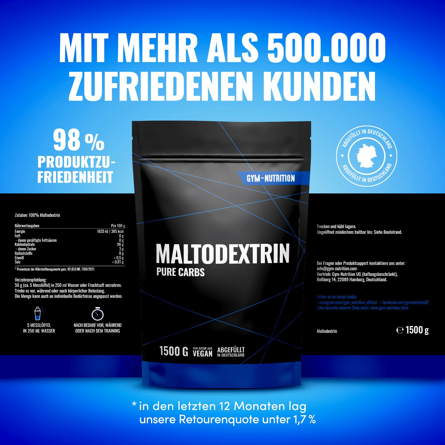 GYM-NUTRITION Hardcore Malto-dextrin | Feines Kohlenhydrate Pulver Maltodextrin 12 1,5 kg Beutel