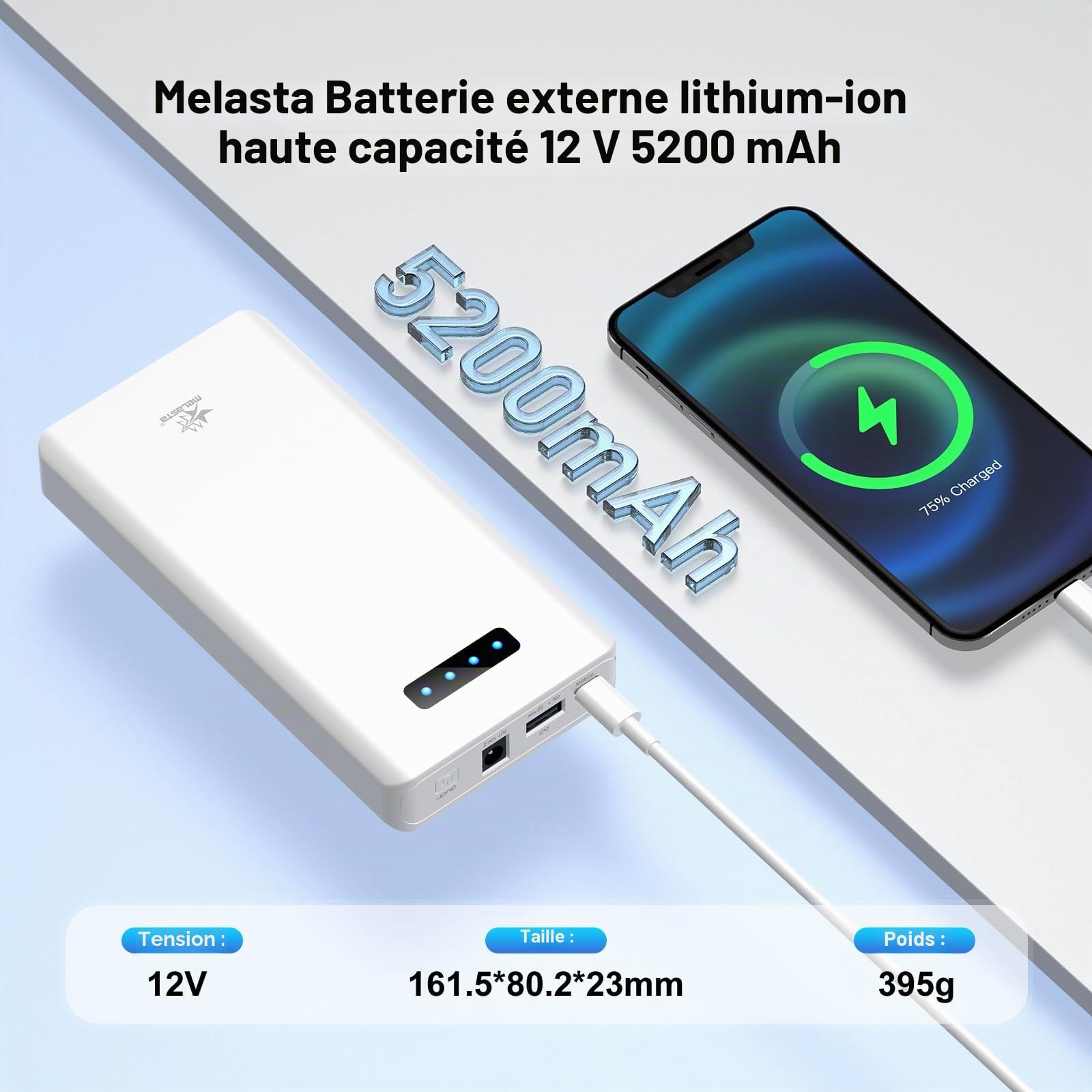 melasta 5200mAh Powerbank, Batterie Externe 12v avec Port 3 en 1, PD 45W USB-C Port de Charge Rapide | 12V/2A DC Port | QC3,0 22,5W USB-A Port, Batterie Externe Rechargeable pour Téléphones Portables