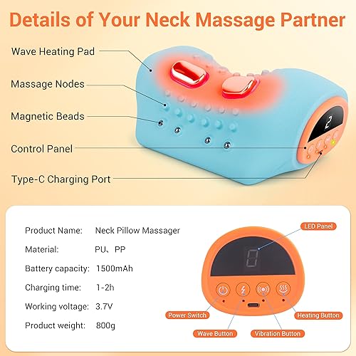 Miniatura 7 de Masajeador de cuello mejorado 2025, masajeador de cuello y hombros con calor, estirador, vibración, dispositivo portátil de tracción cervical,