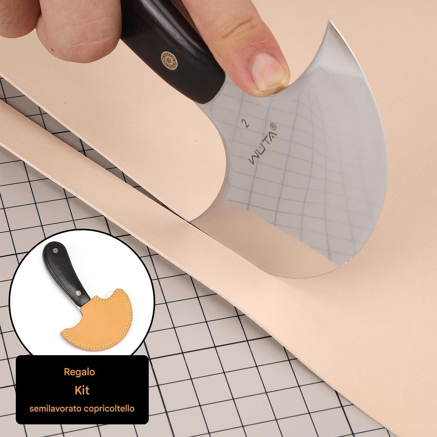 WUTA Coltello rotondo in pelle, coltello con testa rotonda in acciaio ultra affilato, strumento fai da te per intagliare la pelle(5 pollici)