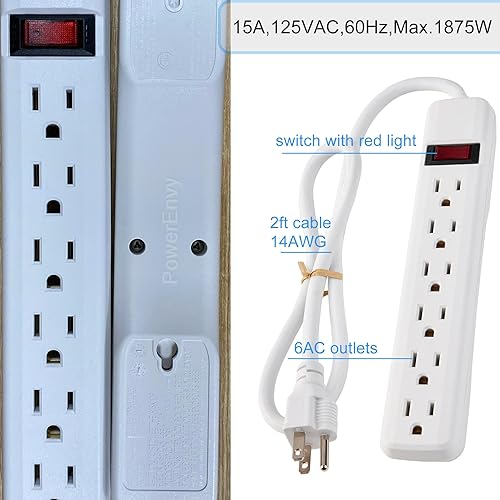 Miniatura 2 de Protector de sobretensiones de 6 tomas, 250 julios, cable de 2 pies, 15A125V, 1875 W máximo, enchufe de ángulo recto, negro, protección para el