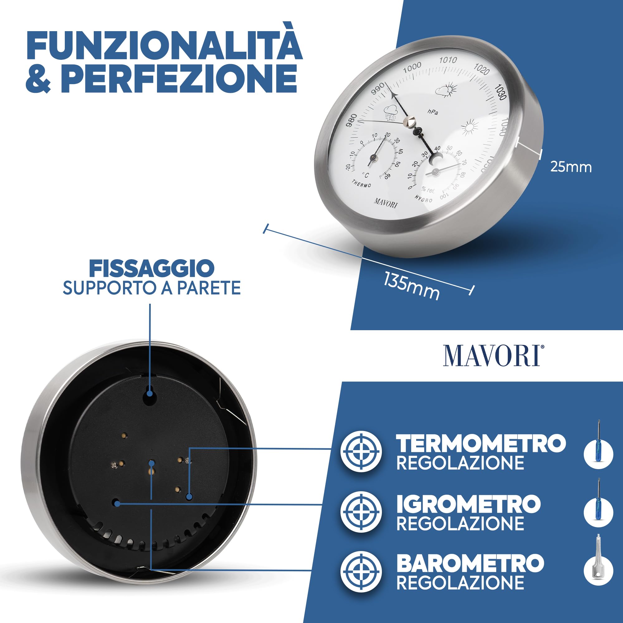 Stazione meteo analogica - Barometro, Igrometro e Termometro 3in1 per interni ed esterni - barometro analogico in acciaio inox Ø 13,5cm con vetro acrilico dal design moderno
