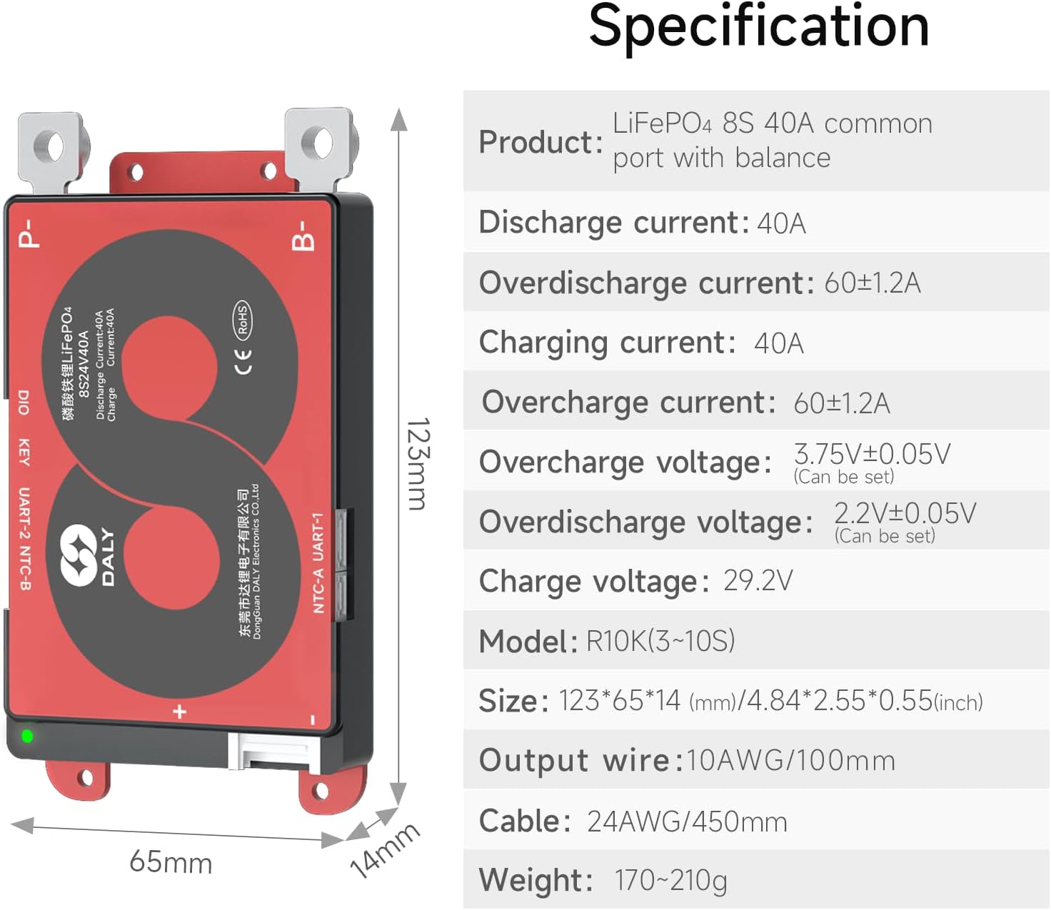 ตารางข้อมูลจำเพาะของผลิตภัณฑ์สำหรับ DALY LifePO4 8S 40A BMS รวมถึงกระแสคายประจุ กระแสคายประจุเกิน กระแสชาร์จ กระแสชาร์จเกิน และแรงดันชาร์จเกินtage, ปริมาตรการคายประจุมากเกินไปtagอี, ประจุปริมาตรtage, รุ่น, ขนาด, สายไฟขาออก, สายเคเบิล และน้ำหนัก