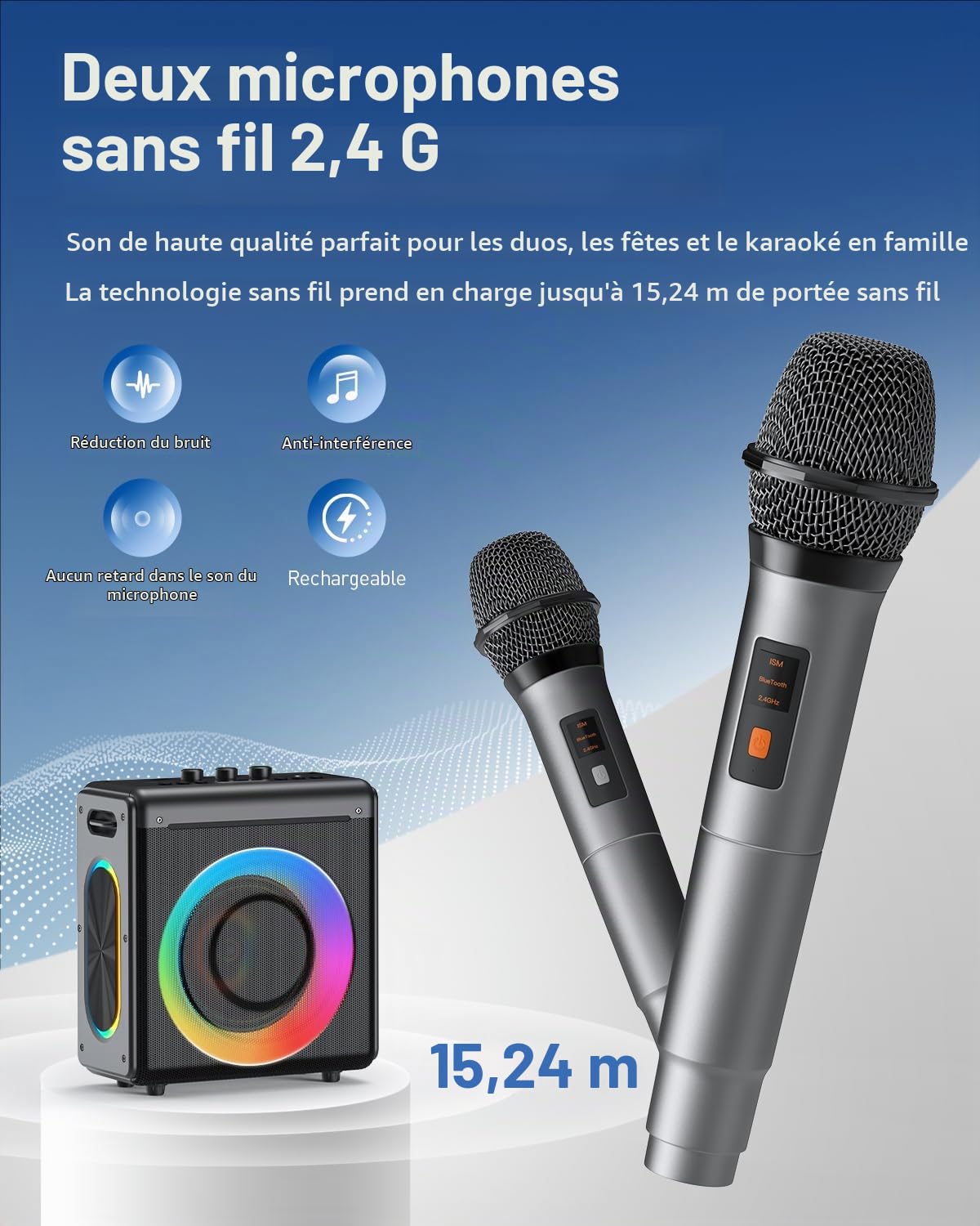 Machine de karaoké avec 2 microphones rechargeables - Enceinte Bluetooth portable pour adultes et enfants - Système PA avec effets de lumière, prend en charge TWS/carte TF/USB/AUX