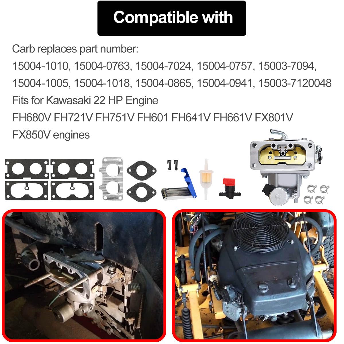 ZAMDOE Carburador 15004-1010 para Kawasaki FH641V FH661V FH721V FX850V 22 HP Motor, reemplaza # 15004-7024 15004-0757 15004-1005 15004-0763, con Juntas, Filtro de Combustible