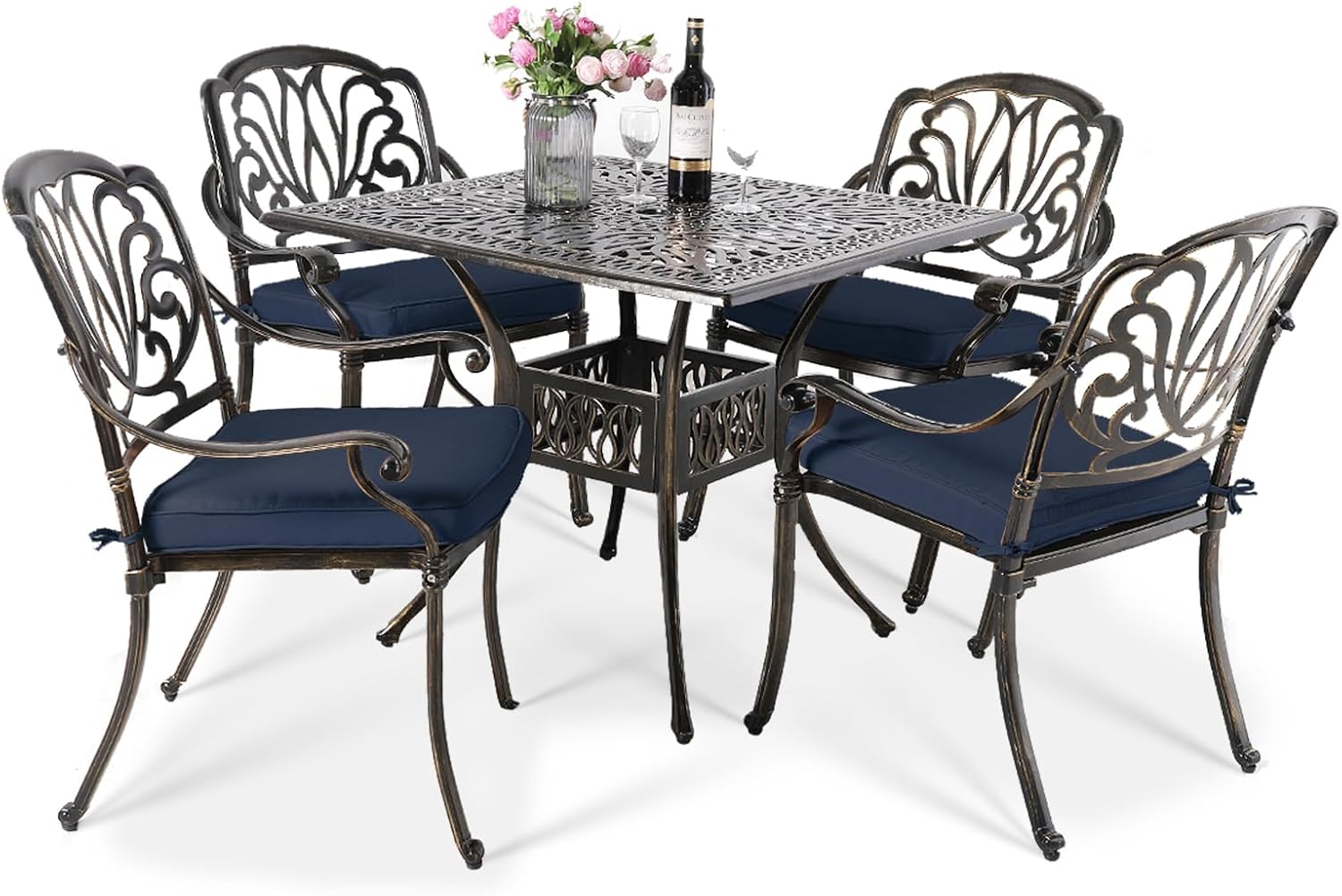 VIVIJASON 5-Piece Outdoor Patio Dining Set, All-Weather Cast Aluminum Conversation Set, Patio Furniture Set Include 4 Cushioned Chairs, a 35.4" Square Table w/Umbrella Hole, Ocean Blue Cushion