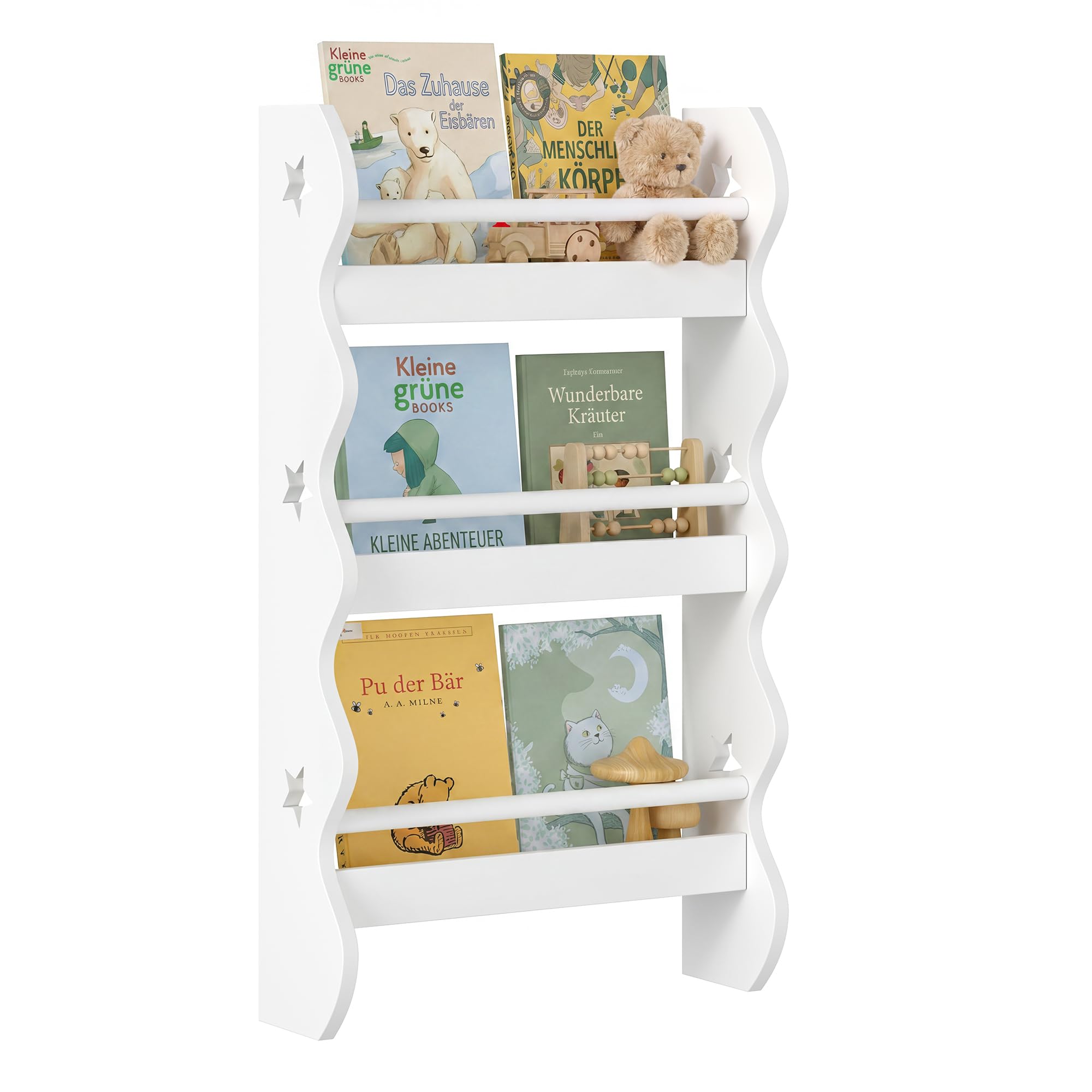 Bücherregal Kinder Wand, 3 Ebenen Bilderbuchregal MDF, Weiß, Kinderzimmer | Montessori Bücherregal zur Wandmontage mit 3 Ebenen für Bücher, Bilderbücher und Kinderzimmer-Aufbewahrung.