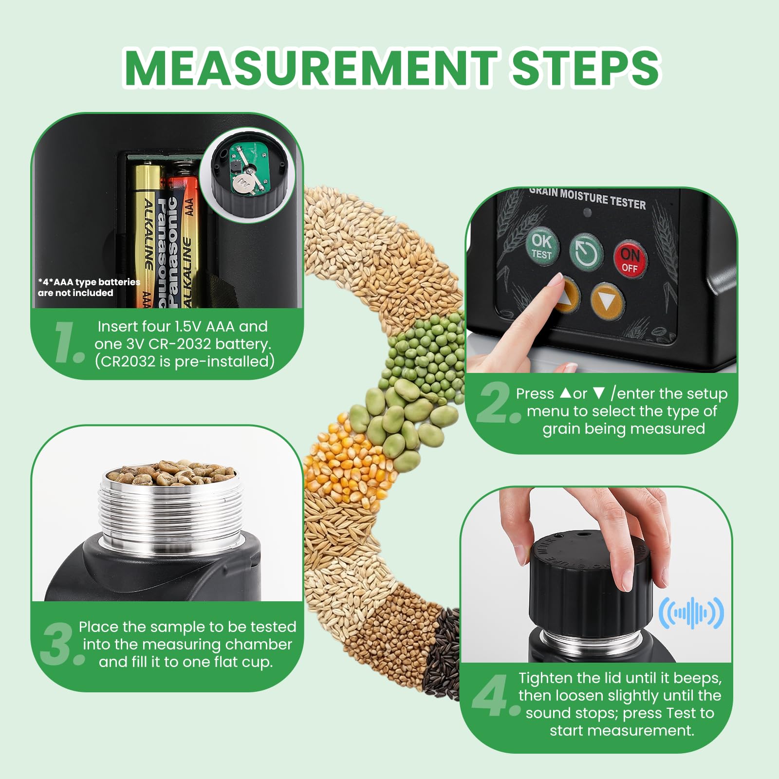 Huanyu Getreide Feuchtigkeitsmessgerät Grain Moisture Meter für 40 Sorten, ±0.5% Genauigkeit, Feuchtigkeitsmesser mit 14 Sprachen inkl. Deutsch, Temperaturkompensation, für Weizen, Rohkaffee und mehr