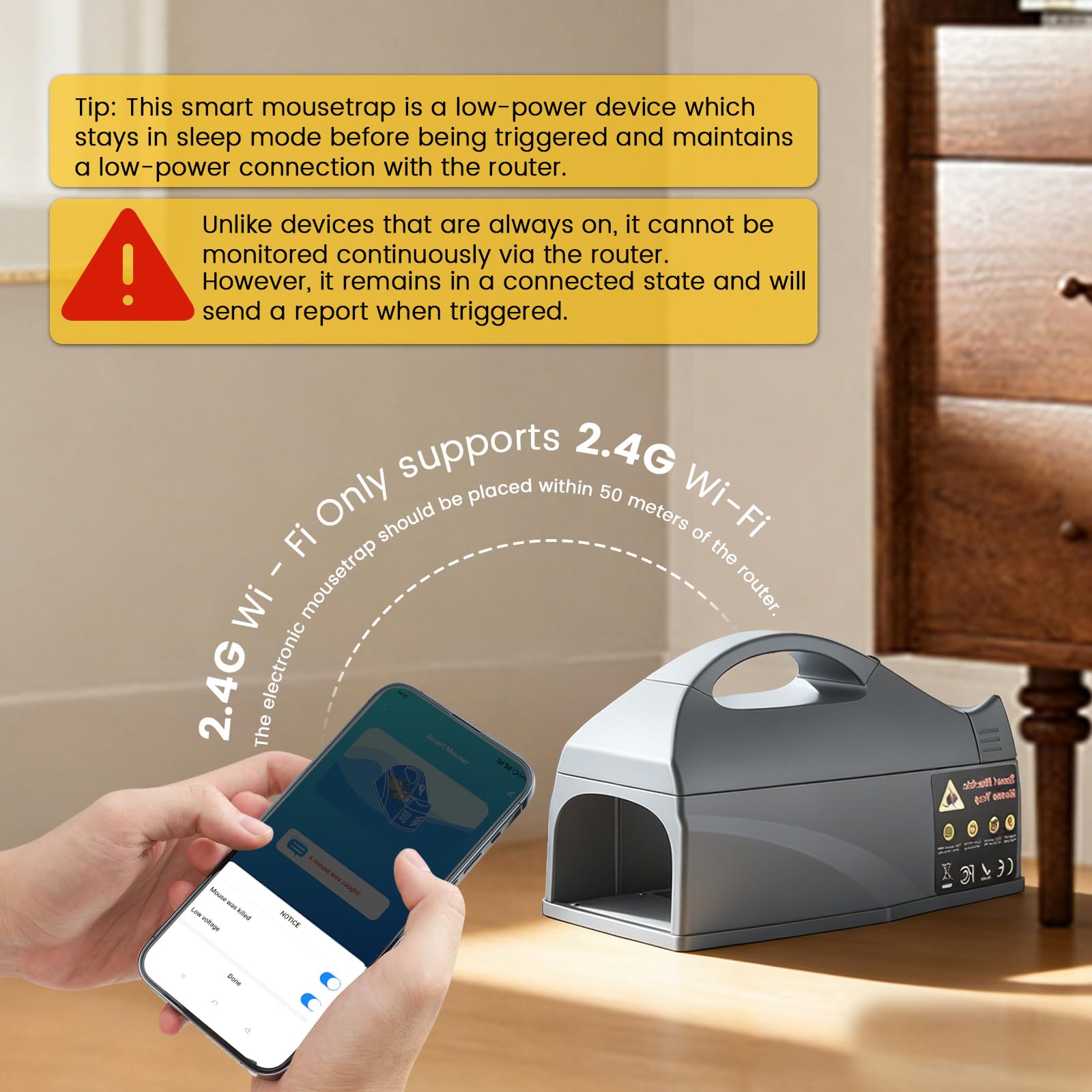Piège à Rats Électrique Connecté WiFi – Alerte Instantanée sur Mobile, 700mA Haute Puissance, Autonomie 1 an, 45m Portée – pour Intérieur/Extérieur, Capture Rapide Souris et Rats