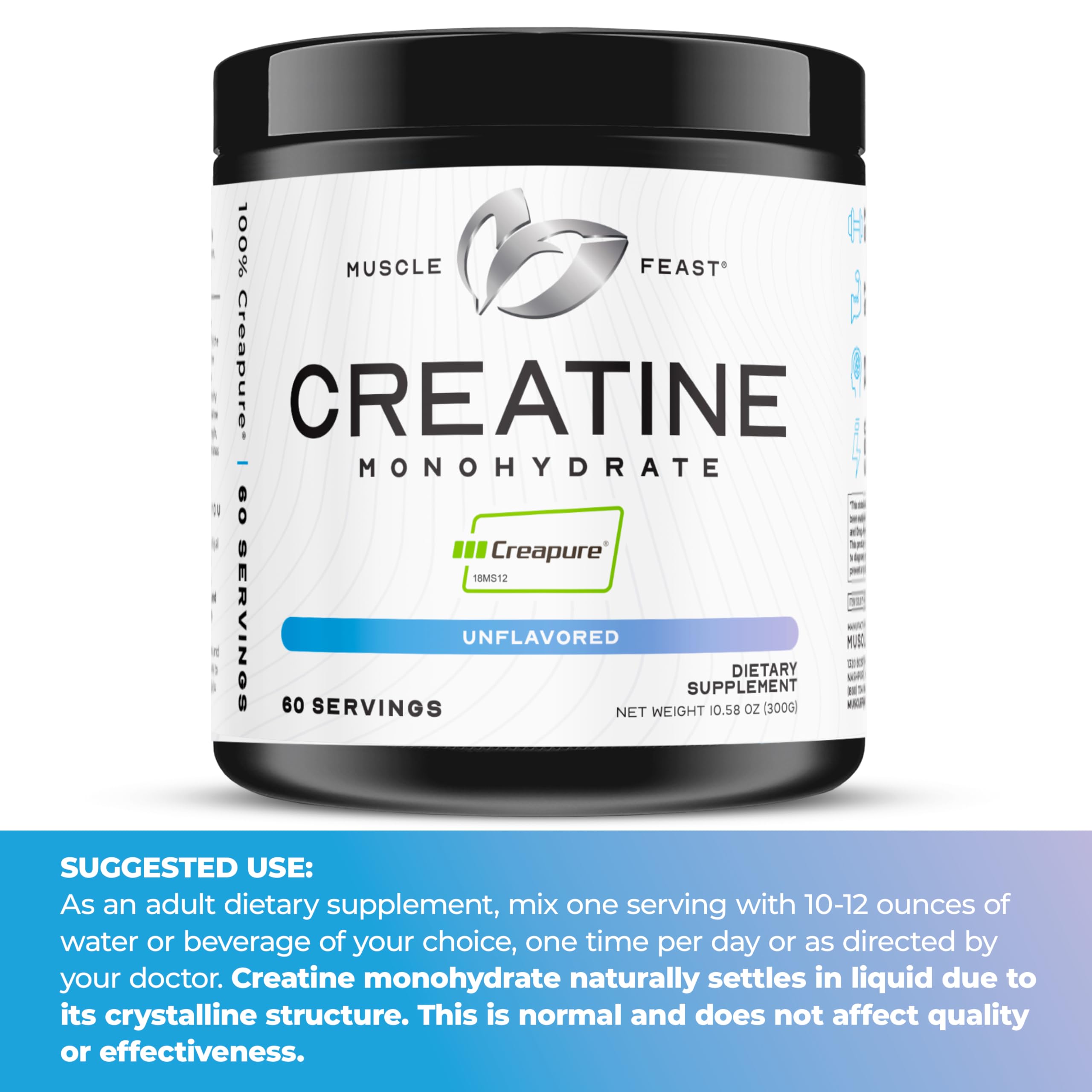 Muscle Feast Creapure Creatine Monohydrate Powder, Vegan Keto Friendly Gluten-Free, Mass Gainer, Muscle Recovery Supplement and Trusted Creatine for Muscle Growth, Creatine Powder, Unflavored, 300g